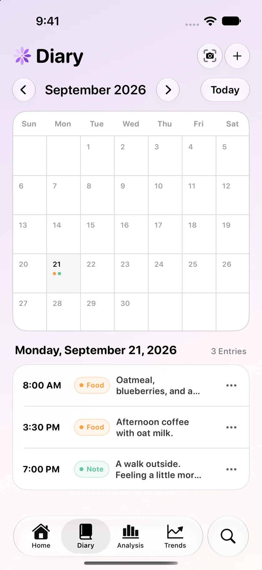 insightfull diary on iphone 17 pro with example data